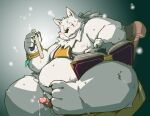  2017 anthro balls belly black_nose blush bodily_fluids canid canine canis cum domestic_dog edit erection genital_fluids genitals kemono male mammal nipples overweight overweight_anthro overweight_male penis sitting solo takagi_kyou uncensored 