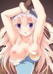  1girl alternate_color armpits arms_up bangs blonde_hair blue_dress blush breasts brown_cape brown_dress brown_gloves cape commentary_request dress eyebrows_visible_through_hair fur-trimmed_cape fur-trimmed_gloves fur_trim gloves hair_between_eyes headdress high_wizard_(ragnarok_online) highres large_breasts long_hair looking_at_viewer maru_(sasayama_chikage) nipple_slip nipples open_mouth purple_eyes ragnarok_online solo strapless strapless_dress two-tone_dress upper_body 