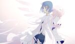  2girls back-to-back blue_eyes blue_hair blue_skirt cape commentary_request dress expressionless floating_hair fortissimo fortissimo_hair_ornament gloves hair_between_eyes hair_ornament hair_ribbon hands_clasped hands_up highres jewelry kaname_madoka long_hair looking_away magical_girl mahou_shoujo_madoka_magica miki_sayaka multiple_girls necklace own_hands_together pink_hair ribbon short_hair short_twintails skirt twintails ultimate_madoka un_nm5sy very_long_hair white_cape white_dress white_gloves white_ribbon wings 