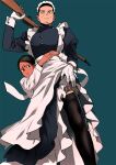  2boys black_eyes black_hair black_legwear blue_background dark-skinned_male dark_skin facial_hair gloves golden_kamuy gun holster hug hug_from_behind juliet_sleeves koito_otonoshin lifted_by_self long_sleeves looking_at_viewer maid maid_headdress multiple_boys over_shoulder puffy_sleeves rifle shirt simple_background standing stubble thigh_holster thighhighs tr_(lauralauraluara) tsukishima_hajime weapon white_gloves white_shirt 