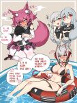  4girls :d absurdres anger_vein animal_ear_fluff animal_ears arknights bangs bare_shoulders bikini black_bikini black_shirt blush breasts character_doll cleavage clothes_writing commentary_request crossed_arms doctor_(arknights) dress_shirt eyebrows_visible_through_hair fox_ears fox_girl fox_tail hand_on_own_face highres horns innertube korean_commentary korean_text long_sleeves looking_at_viewer manggapaegtoli medium_breasts multicolored_hair multiple_girls nail_polish navel open_mouth pantyhose purple_eyes purple_hair purple_vest red_eyes red_hair shamare_(arknights) shirt short_hair silver_hair sitting skadi_(arknights) smile solo specter_(arknights) speech_bubble stomach streaked_hair string_bikini swimsuit symbol t-shirt tail thighs translation_request underwear vest w_(arknights) wading_pool wariza water white_legwear white_shirt 