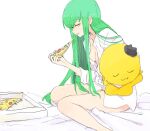  1girl bangs bed_sheet breasts c.c. cheese-kun code_geass eating eyebrows_visible_through_hair food green_hair hair_between_eyes holding holding_food holding_stuffed_toy long_hair medium_breasts mokeo naked_shirt pizza pizza_box pizza_slice shirt simple_background sitting solo stuffed_toy white_background white_shirt 