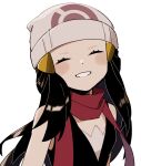  1girl bare_arms beanie black_hair blush closed_eyes dawn_(pokemon) eyelashes hair_ornament hairclip hat highres long_hair miu_(miuuu_721) pokemon pokemon_(game) pokemon_dppt red_scarf scarf shiny shiny_hair sidelocks sleeveless smile solo white_background white_headwear 