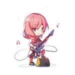  1girl amplifier_(instrument) bang_dream! bangs beamed_sixteenth_notes cable chibi closed_mouth clothes_around_waist collared_shirt drill_hair eighth_note electric_guitar eyebrows_visible_through_hair full_body green_eyes grey_footwear grey_skirt grey_vest guitar hair_between_eyes hair_over_shoulder highres holding holding_instrument holding_plectrum instrument jacket jacket_around_waist kudou_haruka_(seiyuu) leg_up long_hair long_sleeves looking_at_viewer miniskirt music musical_note neck_ribbon pink_hair playing_instrument pleated_skirt plectrum red_legwear red_neckwear red_ribbon ribbon school_uniform seiyuu_connection shadow shiny shiny_hair shirt shoes shoujo_kageki_revue_starlight shoujo_kageki_revue_starlight_-re_live- simple_background skirt smile solo sparkle standing thighhighs tsuruhime_yachiyo vest walluku white_background white_jacket white_shirt 