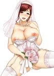  1girl areolae bouquet breasts bridal_veil corset flower garter_straps highres holding holding_bouquet jewelry large_breasts mature_female necklace nipples original pearl_necklace purple_eyes red_hair ring rokko solo thighhighs veil wedding_band white_corset white_legwear white_veil 