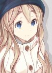  1girl bangs blonde_hair blue_eyes blue_headwear closed_mouth commentary_request eyebrows_behind_hair grey_background hat k-on! kotobuki_tsumugi kuroshima_nana long_hair looking_afar shadow simple_background smile solo sweater thick_eyebrows upper_body white_sweater 