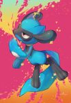  absurdres brown_eyes creature full_body gen_4_pokemon highres no_humans nullma pink_background pokemon pokemon_(creature) riolu shiny signature solo toes 