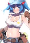  1girl belt blue_eyes blue_hair blue_headwear blush breasts brown_belt brown_gloves cleavage collarbone eyebrows_visible_through_hair gloves hair_bobbles hair_ornament hat highres kawashiro_nitori large_breasts midriff navel parted_lips sakuratsuki short_hair simple_background solo sweat tank_top touhou twintails unzipped white_background white_tank_top 