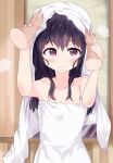  1girl absurdres arms_up bangs black_hair blush closed_mouth collarbone commentary_request disembodied_limb eyebrows_visible_through_hair hair_between_eyes highres indoors long_hair naked_towel numahata_tofu. original purple_hair red_eyes smile solo_focus towel towel_on_head upper_body 