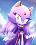  2021 5_fingers anthro black_nose blaze_the_cat clothing domestic_cat dress eyelashes felid feline felis female fingers forehead_gem gem gloves hair handwear hi_res long_hair looking_at_viewer mammal minorinu purple_body purple_hair signature solo sonic_the_hedgehog_(series) standing tail_tuft tuft white_body yellow_eyes 