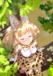  1girl :3 animal_ears bare_shoulders blonde_hair blush bow bowtie closed_eyes commentary_request elbow_gloves extra_ears from_above gloves high-waist_skirt highres kemono_friends multicolored_hair print_gloves print_legwear print_neckwear print_skirt serval_(kemono_friends) serval_ears serval_girl serval_print serval_tail shirt short_hair sitting skirt sleeveless solo taguchi_makoto tail thighhighs white_shirt zettai_ryouiki 