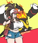  1girl baseball_cap blue_eyes breasts brown_hair cleavage emboar gen_5_pokemon hat high_ponytail highres hilda_(pokemon) huge_breasts inkbooba large_breasts long_hair poke_ball pokemon pokemon_(creature) pokemon_(game) pokemon_bw shirt shorts simple_background 