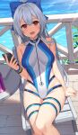  1girl bangs bare_shoulders blue_bow blue_swimsuit bow breasts fate/grand_order fate_(series) hair_between_eyes hair_bow highleg highleg_swimsuit highres large_breasts long_hair looking_at_viewer one-piece_swimsuit open_mouth ponytail red_eyes silver_hair sitting smile solo suiroh_(shideoukami) swimsuit thigh_strap thighs tomoe_gozen_(fate) tomoe_gozen_(swimsuit_saber)_(fate) two-tone_swimsuit white_swimsuit 