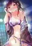  1girl absurdres bangs bare_shoulders blush bra brown_hair character_request copyright_request highres japanese_clothes kimono lace lace_bra lace_panties lingerie looking_at_viewer ogata_tei open_clothes open_kimono panties ponytail solo underwear yellow_eyes yukata 