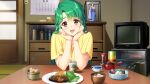  1girl :d bangs brown_eyes doukyuusei eyebrows_visible_through_hair food game_cg green_hair head_rest highres indoors long_hair looking_at_viewer official_art open_mouth sakuma_chiharu shiny shiny_hair shirt short_sleeves sitting smile solo steak sumeragi_kohaku table television upper_body very_long_hair yellow_shirt 