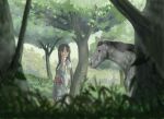  1girl bangs belt blue_eyes blurry branch brown_hair dappled_sunlight floral_print forest grass hair_down hand_up horse japanese_clothes kimono light long_hair long_sleeves mihama_machi nature open_mouth original perspective red_belt shadow solo sunlight tree tree_shade white_kimono yukata 