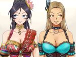  2girls alternate_costume anbj black_hair blue_eyes breasts cleavage collar collarbone earrings feather_hair_ornament feathers flower hair_flower hair_ornament idolmaster idolmaster_cinderella_girls jewelry large_breasts light_brown_eyes light_brown_hair lips long_hair looking_to_the_side matsunaga_ryou multiple_girls open_mouth ponytail smile sugisaka_umi 