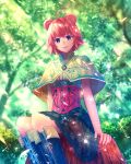  1girl ahoge animal_ears blurry boots bush capelet checkered checkered_skirt corset depth_of_field fantasy forest frilled_skirt frills highres knee_boots leaf light_particles light_rays looking_at_viewer nature original red_hair sakimori_(hououbds) short_hair sitting sitting_on_tree_stump skirt sleeveless smile solo tree tree_stump wind 