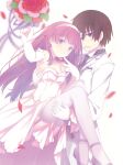  1boy 1girl bare_shoulders blurry blurry_foreground blush bouquet_toss bride brown_hair carrying closed_mouth couple cover_image dress elbow_gloves eyebrows_visible_through_hair flower fuyuumi_ai garter_straps gloves groom hair_flower hair_ornament hairband hetero highres jpeg_artifacts kidou_eita legs long_hair looking_at_viewer novel_illustration official_art ore_no_kanojo_to_osananajimi_ga_shuraba_sugiru petals pink_hair princess_carry purple_eyes ruroo simple_background smile strapless strapless_dress textless thighhighs upskirt wedding_dress white_background white_dress white_gloves white_hairband 