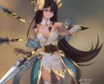  1girl bangs bare_shoulders blue_eyes braid breasts cleavage commentary cowboy_shot dated detached_sleeves earrings floating floating_object floating_sword floating_weapon highres iceroy irelia jewelry league_of_legends long_hair russian_commentary side_braid solo sword thighhighs twin_braids very_long_hair weapon white_legwear 