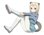  1girl animal_ears anime_coloring birthday blonde_hair blush boots commentary elma_leivonen green_eyes highres kaneko_(novram58) knee_boots light_smile looking_at_viewer looking_to_the_side medium_hair mink_girl pantyhose pouch putting_on_shoes simple_background sitting solo tail uniform white_background white_legwear world_witches_series 