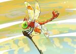  blurry bug commentary_request dragonfly full_body gen_2_pokemon green_eyes highres holding insect no_humans pokemon pokemon_(creature) solo spikes yanma yuro_(mangasukinoyuro) 