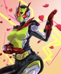  1girl absurdres antennae armor bodysuit breasts commentary_request cycloneactionx gloves helmet highres is_(kamen_rider_01) kamen_rider kamen_rider_01_(series) kamen_rider_zero-two large_breasts looking_at_viewer petals red_eyes red_gloves rider_belt rose_petals solo tokusatsu 