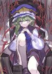  1girl absurdres black_skirt blue_eyes blue_vest breasts commentary_request expressionless foot_out_of_frame gold_trim hall_jion hands_clasped hat highres looking_at_viewer medium_breasts own_hands_together pointy_ears shiki_eiki sitting sketch skirt solo touhou vest 