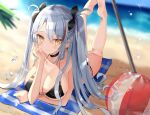  1girl antenna_hair arm_up azur_lane ball barefoot beach beachball bikini black_bikini black_choker blush breasts choker cleavage collarbone eyebrows_visible_through_hair flag_print german_flag german_flag_bikini highres kneepits large_breasts legs legs_up lying mole mole_on_breast multicolored_hair ocean on_stomach prinz_eugen_(azur_lane) prinz_eugen_(cruiser) prinz_eugen_(unfading_smile)_(azur_lane) side-tie_bikini signature silver_hair sinobi_illust soles streaked_hair swimsuit the_pose towel two_side_up yellow_eyes 