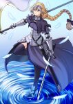  1girl absurdres armor blonde_hair blue_eyes braid fate/apocrypha fate_(series) faulds flag gauntlets headpiece highres jeanne_d&#039;arc_(fate) jeanne_d&#039;arc_(fate)_(all) long_hair looking_at_viewer nanni_jjang plackart scabbard sheath solo standard_bearer standing standing_on_liquid standing_on_one_leg sword thighhighs weapon 