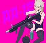  1girl aa-12 aa-12_(girls_frontline) bangs bare_arms bare_shoulders black_gloves black_legwear black_shorts black_tank_top blue_eyes blunt_bangs candy character_name commentary_request detached_collar eyebrows_visible_through_hair feet_out_of_frame flat_chest food food_in_mouth girls_frontline gloves gun hair_between_eyes hair_cones hair_ornament highres holding holding_weapon knee_up lollipop long_hair looking_at_object mouth_hold pink_background purple_gloves short_shorts shorts shotgun shotgun_shells sidelocks silver_hair simple_background sitting solo spaghetti_strap spray_can spread_legs star_(symbol) star_hair_ornament sugimoto_takeshi tank_top thighhighs thighs trigger_discipline two-tone_gloves weapon zipper zipper_pull_tab 