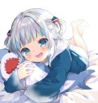  1girl bangs blue_eyes blurry depth_of_field feet_up gawr_gura highres hololive hololive_english kosuzume lying on_stomach open_mouth sharp_teeth silver_hair sleeves_past_wrists smile solo stuffed_animal stuffed_shark stuffed_toy teeth two_side_up 