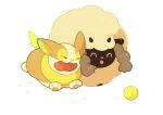  ball closed_eyes commentary_request dog fangs gen_8_pokemon happy no_humans open_mouth pokemon pokemon_(creature) repost_notice running sheep shuu_(ssyuu721) smile tongue wooloo yamper |d 