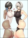  2girls ass-to-ass black_blindfold black_border black_hair black_hairband black_leotard blindfold border breast_press breasts cellphone commentary_request dark-skinned_female dark_skin hairband hand_on_hip heart highres holding holding_phone large_breasts leotard mole mole_under_mouth multiple_girls nier_(series) nier_automata phone ryu_seung selfie smartphone symmetrical_docking white_blindfold white_hair white_hairband white_leotard yorha_no._2_type_b yorha_type_p_no._2 yuri 