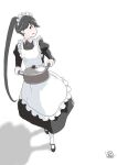  1girl alternate_costume apron bangs black_dress black_hair collared_shirt commentary_request dress eyebrows_visible_through_hair flats full_body holding holding_pot houshou_(kancolle) kantai_collection light_blush long_hair long_sleeves looking_to_the_side maid maid_apron maid_headdress mihama_machi open_mouth pantyhose pot red_neckwear shadow shirt side_ponytail simple_background smile solo walking white_background white_legwear 