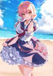  1girl anchor bangs beach blue_sailor_collar blue_skirt blue_sky blush bow braid breasts brown_eyes closed_mouth cloud cloudy_sky commentary_request commission day eyebrows_visible_through_hair frilled_skirt frills hair_between_eyes hand_up head_tilt highres horizon idolmaster idolmaster_cinderella_girls jougasaki_mika medium_breasts neckerchief ocean outdoors pink_hair puffy_short_sleeves puffy_sleeves red_bow red_neckwear sailor_collar sand school_uniform serafuku shirt short_sleeves skeb_commission skirt sky smile solo sutoroa water white_shirt 