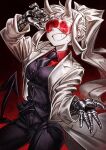  1girl bangs black_neckwear black_pants black_vest breasts commentary demon_girl demon_tail gauntlets goggles grin helltaker highres horns labcoat lain long_hair loremaster_(helltaker) necktie pale_skin pants ponytail red_goggles red_shirt shirt simple_background smile solo sweat tail vest white_hair white_horns 