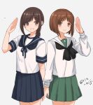  2girls bangs black_neckwear blue_neckwear blue_sailor_collar blue_skirt brown_eyes brown_hair crossover eyebrows_visible_through_hair fubuki_(kancolle) girls_und_panzer green_skirt grey_background kantai_collection long_sleeves low_ponytail multiple_girls nishizumi_miho ooarai_school_uniform open_mouth pleated_skirt ponytail rin_(rin_niji) sailor_collar salute school_uniform serafuku short_ponytail short_sleeves sidelocks simple_background skirt smile twitter_username white_sailor_collar 