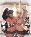  2girls absurdres animal_ears aster_crowley bangs bikini black_hair black_skirt breasts bunny_ears chair cleavage cow_ears cow_horns cowboy_shot dark-skinned_female dark_skin earrings elbow_gloves eyepatch_bikini final_fantasy final_fantasy_xiv gloves green_eyes hand_up highres horns indoors jewelry large_breasts light_brown_hair lilisette_(ffxiv) multiple_girls navel original pointy_ears ponytail print_bikini print_gloves print_legwear skirt striped swimsuit teresa_(mr_december206) thighhighs vertical_stripes viera 