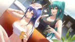  2girls :d arknights bangs bare_arms bare_shoulders black_shirt blue_hair breasts camisole can ch&#039;en_(arknights) cleavage collarbone commentary crop_top cup dragon_horns dutch_angle eyebrows_visible_through_hair green_hair hair_between_eyes hand_on_another&#039;s_head highres holding holding_can holding_cup horns hoshiguma_(arknights) indoors kernel_killer large_breasts long_hair midriff multiple_girls navel one_eye_closed open_mouth panties ponytail red_eyes shirt single_horn smile spaghetti_strap stomach symbol_commentary towel towel_on_head underwear white_panties yellow_eyes 