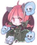  1girl :3 absurdres ahoge animal_ears blush cat_ears cat_tail chibi dress fang full_body green_dress hall_jion highres hitodama juliet_sleeves kaenbyou_rin long_sleeves puffy_sleeves red_eyes red_hair simple_background skull solo tail touhou wheelbarrow white_background 
