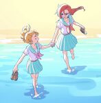  2girls :d ^_^ ^o^ aozora_middle_school_uniform aqua_sailor_collar aqua_skirt bare_legs barefoot beach blouse bow closed_eyes commentary_request facing_another floating_hair from_above hair_between_eyes hair_bow hair_strand highres holding holding_clothes holding_footwear holding_hands holding_shoes loafers long_hair looking_at_another multiple_girls natsuumi_manatsu neckerchief open_mouth orange_belt pink_neckwear pleated_skirt precure purple_eyes red_hair red_neckwear sand school_uniform shoes shoes_removed shore short_sleeves side_ponytail skirt smile soaking_feet standing summer_uniform takizawa_asuka tropical-rouge!_precure wading walking water white_blouse yellow_bow yellow_stripe yuzu_sato 