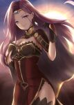  1girl breasts cape circlet cleavage earrings fire_emblem fire_emblem_echoes:_shadows_of_valentia hair_ornament highres jewelry kawasemi_(sphere_garden) large_breasts long_hair looking_at_viewer purple_eyes solo sonya_(fire_emblem) sun thighs turtleneck upper_body 