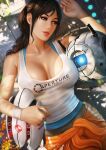  1girl aperture_laboratories breasts brown_hair chell covered_nipples cowboy_shot dappled_sunlight highres large_breasts lips long_hair orange_jumpsuit ponytail portal_(series) portal_2 sunlight tank_top turret_(portal) wheatley white_tank_top yupachu 