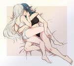  2girls arm_around_back ass bed bed_sheet blue_hair bra breasts byleth_(fire_emblem) byleth_(fire_emblem)_(female) cleavage commentary_request edelgard_von_hresvelg feet fire_emblem fire_emblem:_three_houses highres hug kiss long_hair multiple_girls panties riromomo thighs toes underwear white_hair yuri 