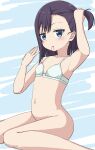 1girl arm_up armpits bangs bare_arms bare_shoulders black_hair blue_eyes blush bottomless bra breasts closed_mouth collarbone commentary_request eyebrows_visible_through_hair groin hair_tie hair_tie_in_mouth hand_up highres hippo_(hirople) miyauchi_hikage mouth_hold navel non_non_biyori one_side_up sitting small_breasts solo tying_hair underwear underwear_only wariza white_bra 