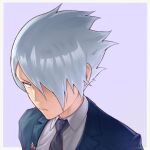  1boy anti_(ssss.gridman) formal frown grey_background grey_hair gridman_universe hair_over_one_eye looking_at_viewer male_focus mmuttonn necktie portrait simple_background solo ssss.dynazenon suit 