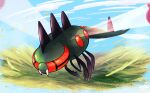  closed_mouth cloud commentary_request day ewokakukaede fangs flying gen_4_pokemon highres no_humans outdoors pokemon pokemon_(creature) sky solo yanmega 