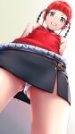  1girl arms_behind_back ass_visible_through_thighs asukagawa_chise black_skirt blue_eyes braid breasts covered_navel from_below gridman_universe highres kobamiso_(kobalt) looking_at_viewer microskirt mole mole_under_mouth panties pantyshot pussy_juice red_hair short_hair simple_background skirt small_breasts smile solo ssss.dynazenon standing twin_braids underwear white_panties 