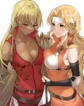  absurdres black_gloves blonde_hair blush breast_press breasts brigid_(fire_emblem) cape chest_guard cleavage commission commissioner_upload dark-skinned_female dark_skin dress elbow_gloves fingerless_gloves fire_emblem fire_emblem:_genealogy_of_the_holy_war fire_emblem:_the_binding_blade gloves haru_(nakajou-28) headband highres holding igrene_(fire_emblem) large_breasts long_hair multiple_girls red_dress skeb_commission smile yellow_eyes 